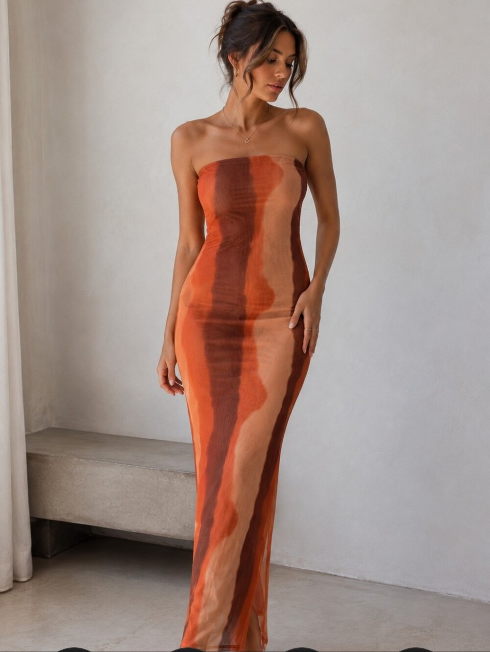 SNDYS Mesh Bodycon Dress S Sheer Lined Brown Orange Boho Artsy Festival